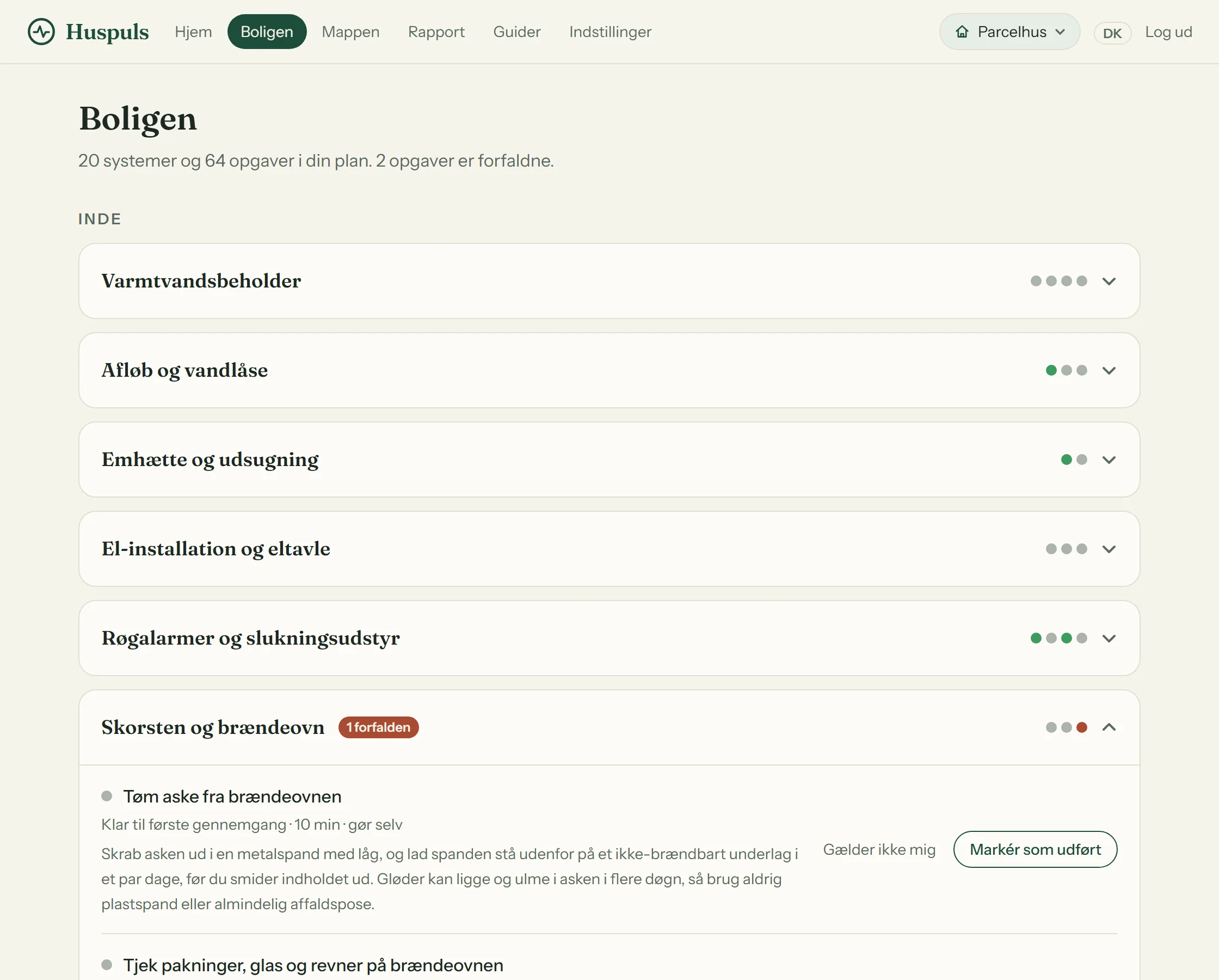 Planen i Huspuls med boligens systemer grupperet inde, ude og udstyr