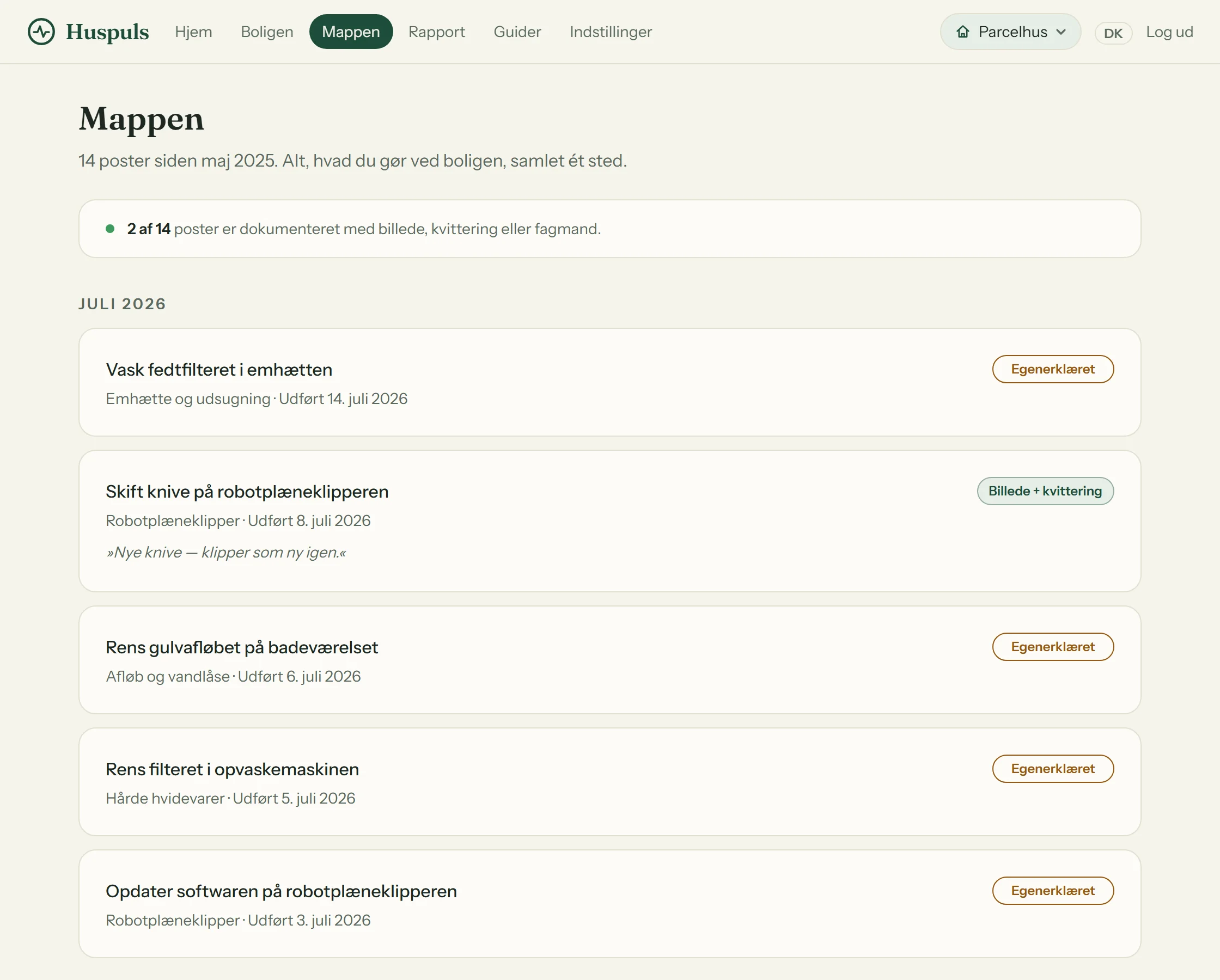Mappen i Huspuls med loggede og dokumenterede opgaver