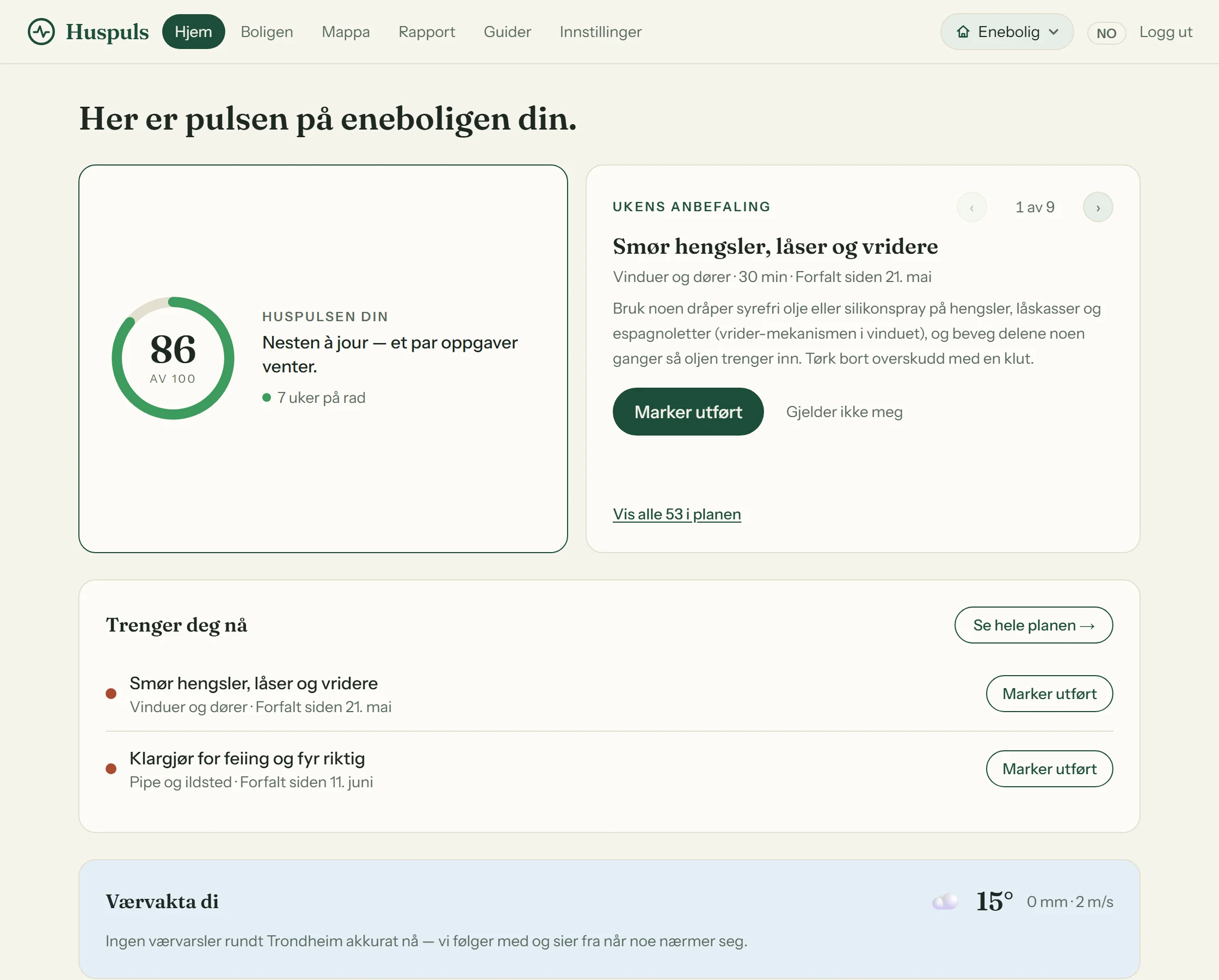 Dashbordet i Huspuls med Huspulsen din, ukens anbefaling og Værvakta