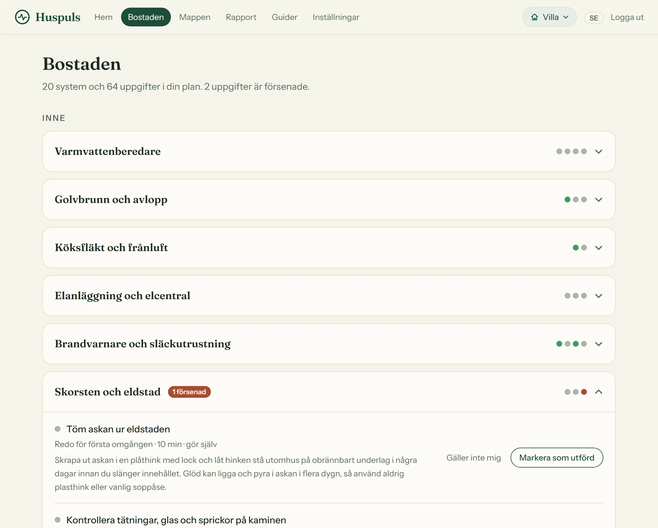 Planen i Huspuls med bostadens system grupperade inne, ute och utrustning