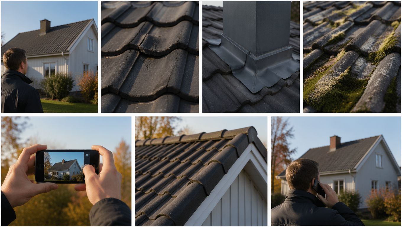 Høstsjekk av tak i sju bilder: taket inspiseres fra bakken, sprukket og forskjøvet takstein i nærbilde, beslag rundt pipe, mose på taksteinen, taket fotograferes med mobil for å zoome inn, mønekammen i detalj, og huseier ringer fagfolk.