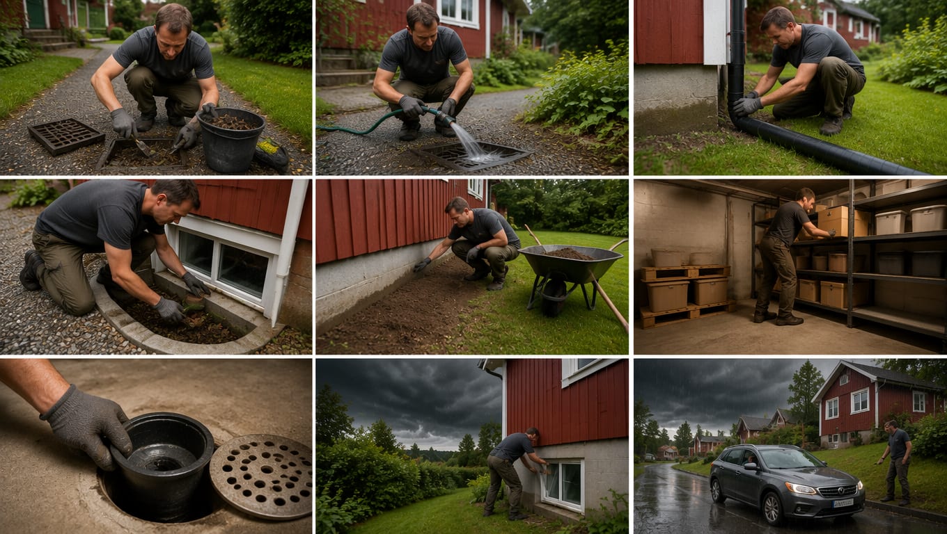 Klargjøring for styrtregn i ni bilder: risten løftes av et utvendig sluk og løv renses opp i en bøtte, sluket testes med vann fra hageslangen, en forlenger monteres på nedløpet så vannet ledes vekk fra grunnmuren, lyskassen foran kjellervinduet renses for løv, terrenget bygges opp med jord fra en trillebår så det faller vekk fra veggen, esker løftes opp fra kjellergulvet på reol og paller, sandfangkoppen løftes opp av et sluk med risten ved siden av, kjellervinduet lukkes under mørke uværsskyer, og bilen flyttes fra gaten mens styrtregnet står på.