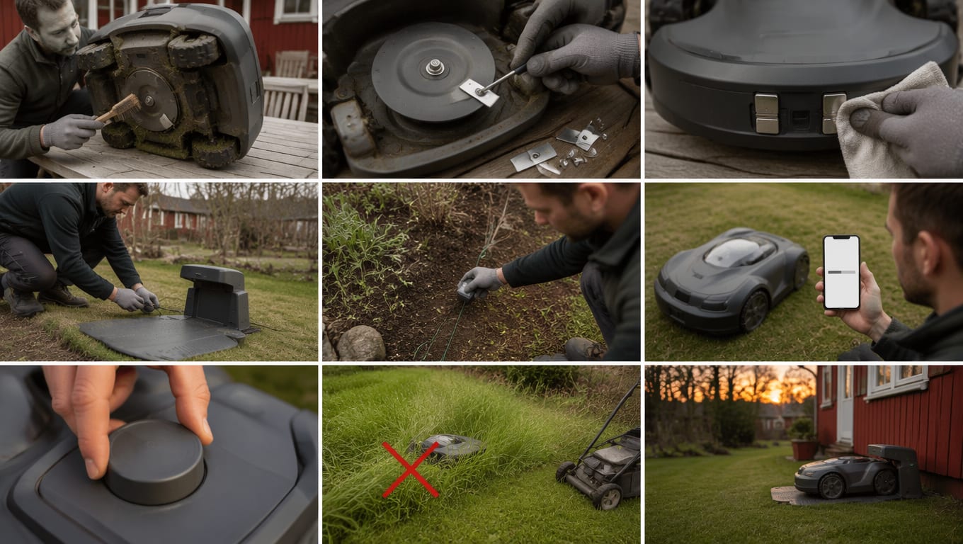 Vårklargjøring av robotklipper i ni bilder: undersiden av klipperen børstes ren for gammelt gress, nye kniver monteres på knivdisken med skrutrekker, ladeflatene tørkes med en klut, ladestasjonen settes ut og kobles til på plenen, kantwiren sjekkes i bedet, appen sjekkes på mobilen ved siden av klipperen, den store dreieknappen på toppen justeres, og klipperen dokker i ladestasjonen ved husveggen i kveldslys — med rødt kryss for robotklipper i høyt gress, med en vanlig gressklipper stående klar ved siden av.