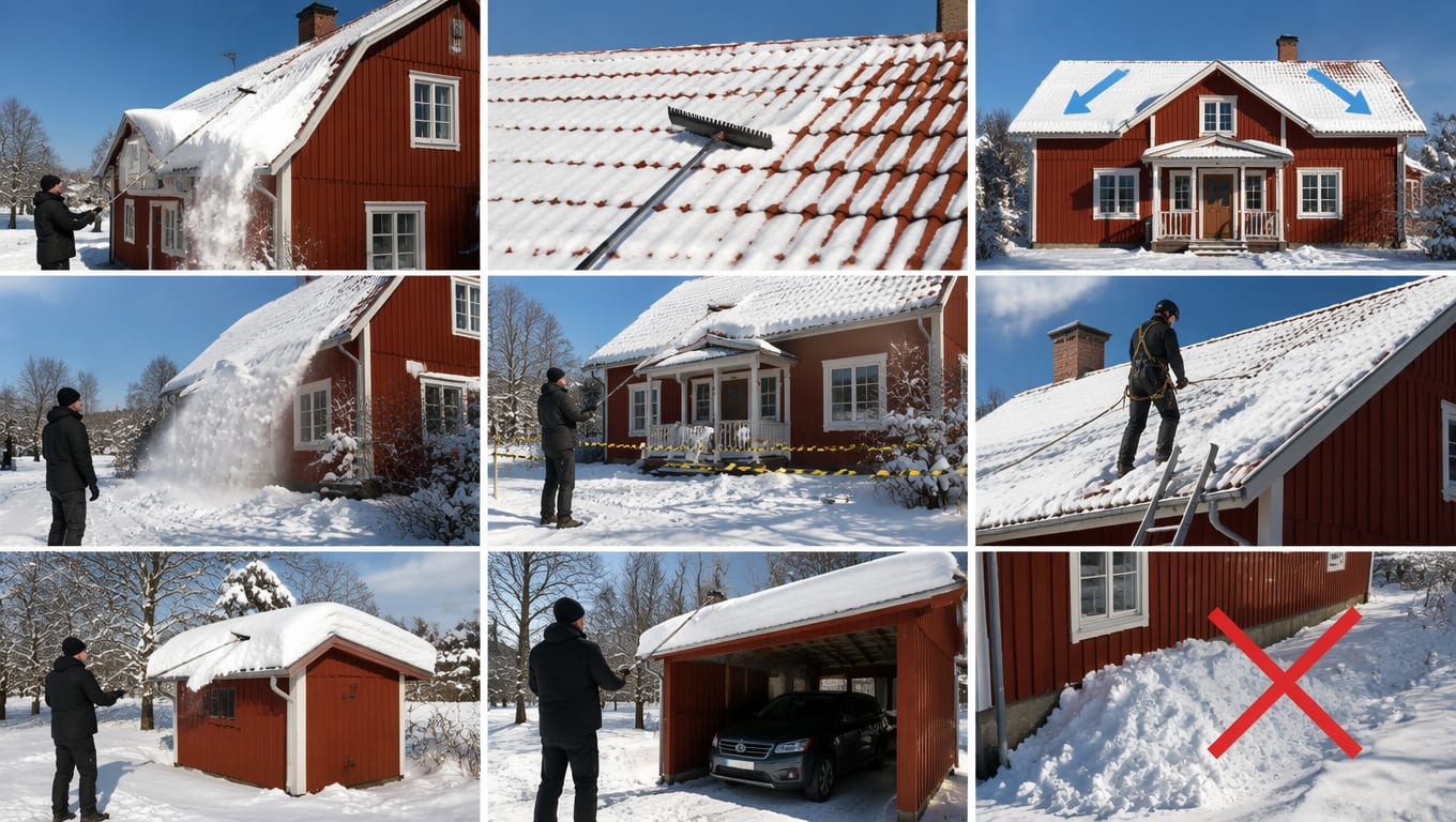 Snømåking av tak i ni bilder: snøen dras ned fra bakken med snørake på teleskopskaft, nærbilde av raken som drar snøen av taksteinen i striper, blå piler over begge takflater viser at taket måkes jevnt fra begge sider, snøen løsner og raser ned mens personen står til siden, området under takkanten er sperret av med sperrebånd, en person på taket er sikret med sele og tau ved stigen, snøraken brukes på uthuset og på carporten med bilen under, og en snøhaug lagt inntil husveggen er merket med et rødt kryss.
