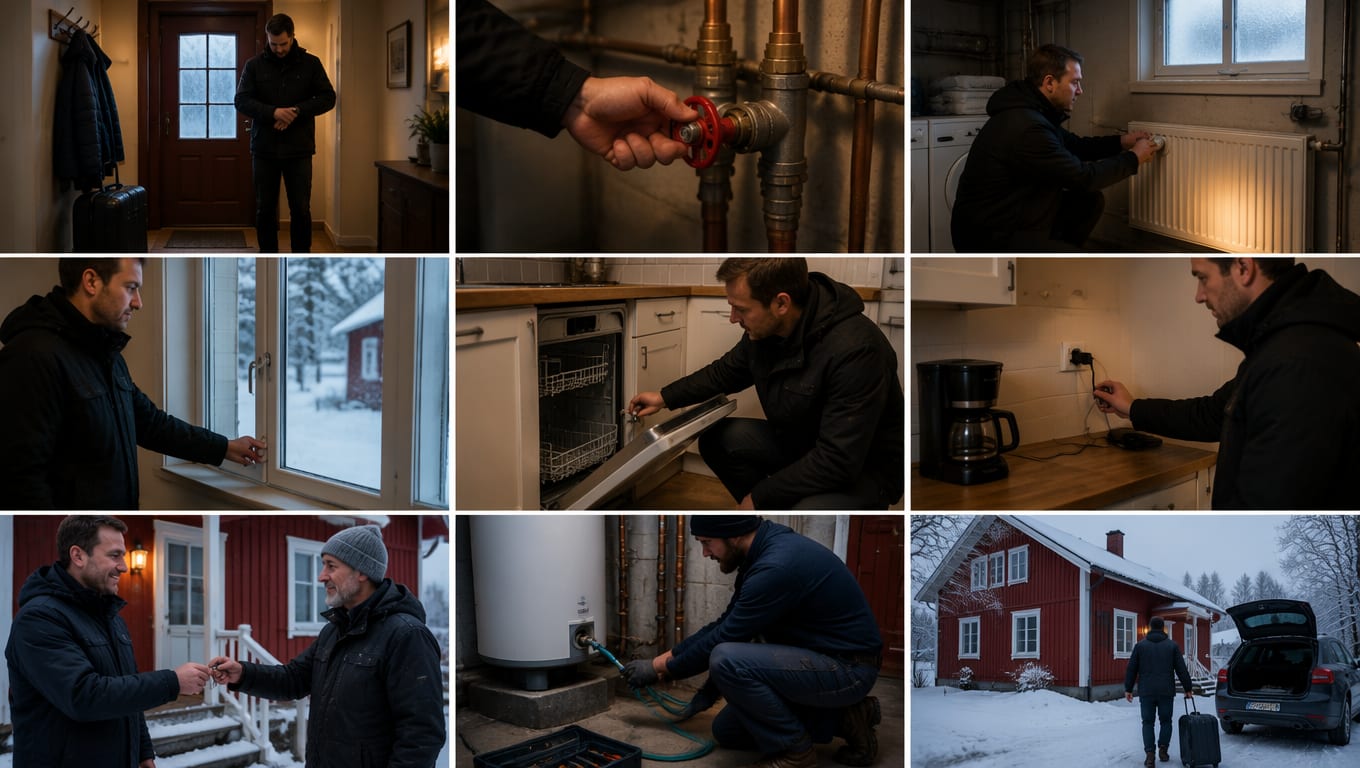 Sikring av boligen før vinterreise i ni bilder: en mann står klar i gangen med pakket koffert, hovedstoppekranen med rødt ratt stenges, radiatoren stilles på lav varme, vinduene lukkes, oppvaskmaskinen ses etter, småelektronikk trekkes ut av stikkontakten ved kaffetrakteren, naboen får nøkkelen utenfor huset, varmtvannsberederen tappes ned med en slange, og bilen pakkes i snøen før avreise.