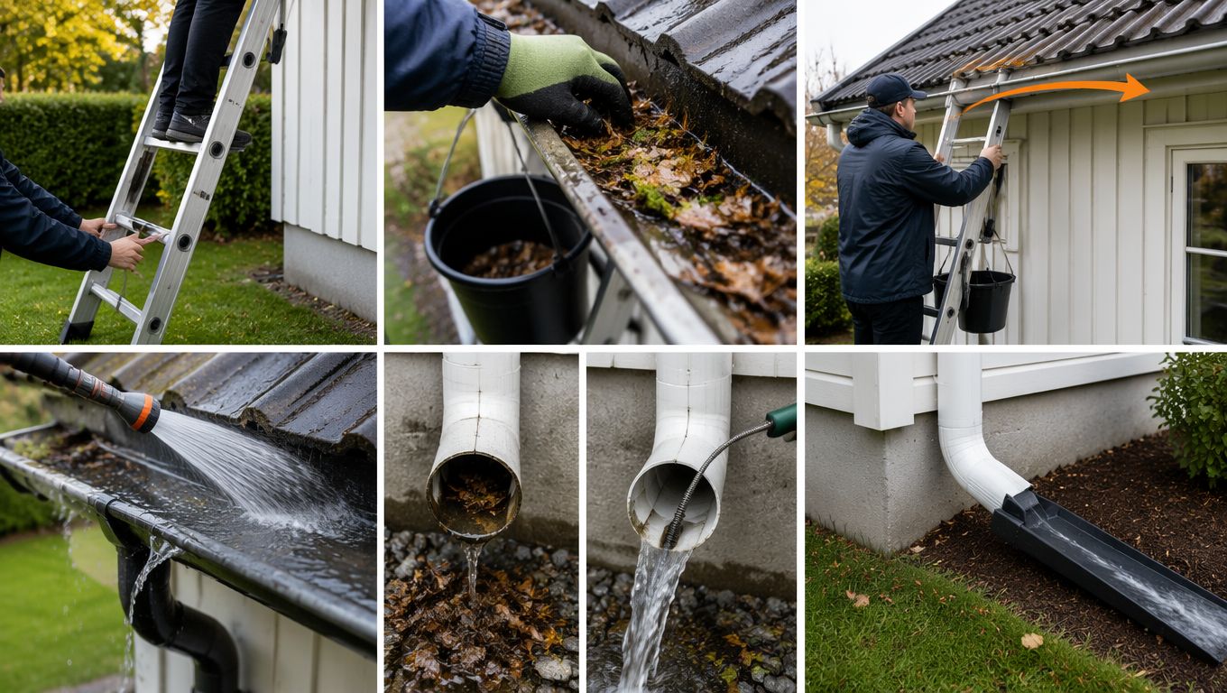 Rensing av takrenner i seks bilder: stigen settes støtt og holdes av en person til, løv plukkes for hånd opp i bøtte som henger på stigen, stigen flyttes langs veggen, rennen skylles med hageslange, tett nedløpsrør åpnes med stakefjær til vannet renner fritt, og utkastet leder vannet bort fra grunnmuren.