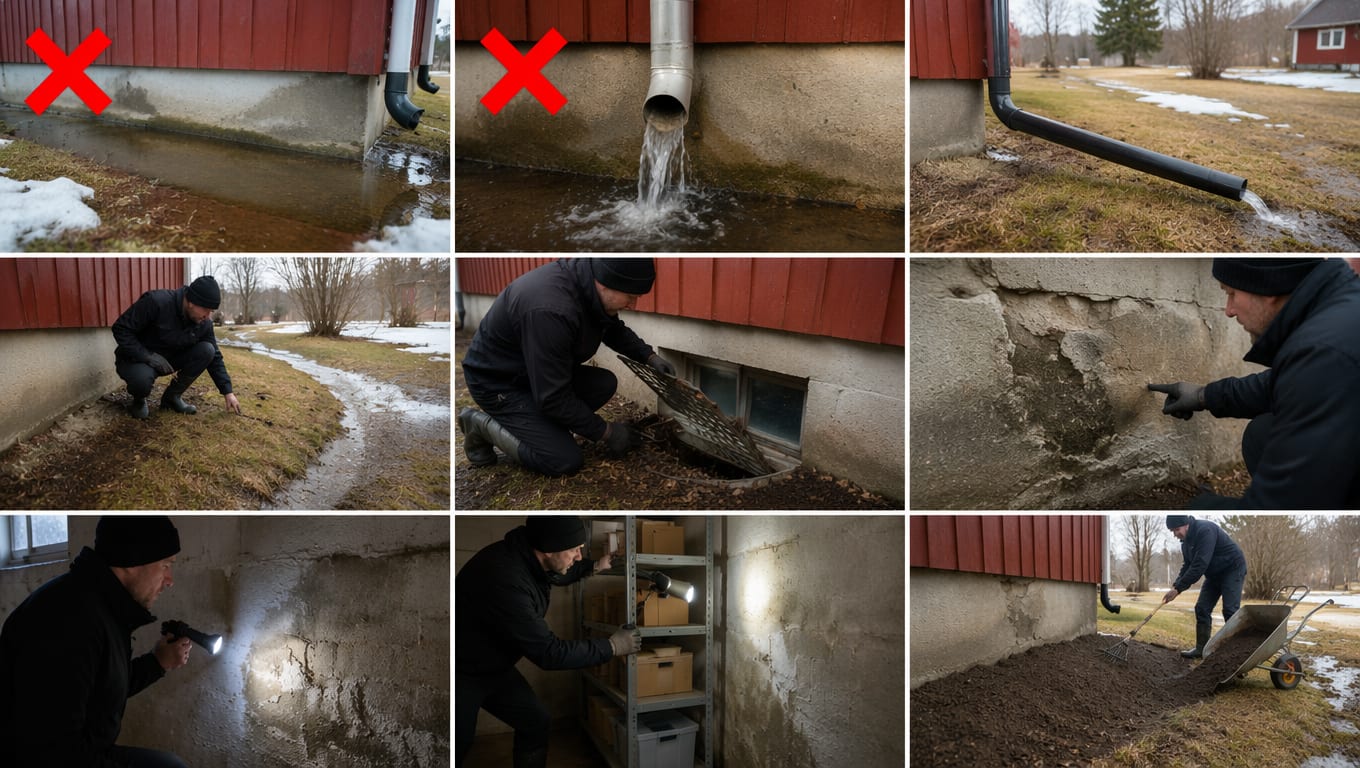 Sjekk av grunnmur og drenering i ni bilder: rødt kryss over vann som blir stående inntil grunnmuren, rødt kryss over nedløp som slipper vannet ut rett ved muren, utkastforlenger som leder vannet ut på plenen, huseier følger smeltevannet langs veggen, risten løftes av lyskassen foran kjellervinduet, avskallet puss og sprekk i grunnmuren i nærbilde, kjellerveggen sjekkes med lommelykt, hyllene trekkes ut fra kjellerveggen, og terrenget rettes opp med jord og trillebår.