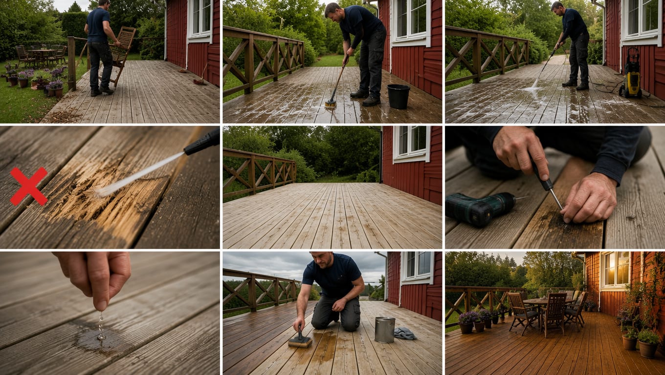 Terrassen gjøres klar i ni bilder: møbler og krukker bæres bort fra terrassen, gulvet skrubbes med stiv kost og bøtte, bordene spyles rene, den tomme terrassen tørker, en løs skrue trekkes til med skrutrekker med drillen liggende klar, vanndråper dryppes på et bord som fukttest, oljen legges på med påføringspute i bordets lengderetning, og den ferdige terrassen står med møbler og krukker i kveldslys — med rødt kryss for en konsentrert høytrykksstråle som fliser opp treverket på nært hold.