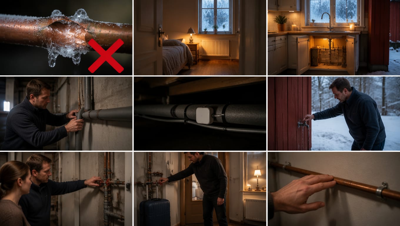 Forebygging av frosne vannrør i ni bilder: et frostsprengt kobberrør merket med rødt kryss, et soverom med åpen dør og radiatoren på, åpne kjøkkenskap under vasken så romvarmen når rørene, en mann ser over rørene i kjelleren, rør kledd i grå rørisolasjon, utekranen tømmes ute i snøen, et par finner hovedstoppekranen med rødt ratt i kjelleren, en mann med pakket koffert stenger kranen før avreise, og en hånd kjenner etter kalde partier langs et synlig kobberrør.