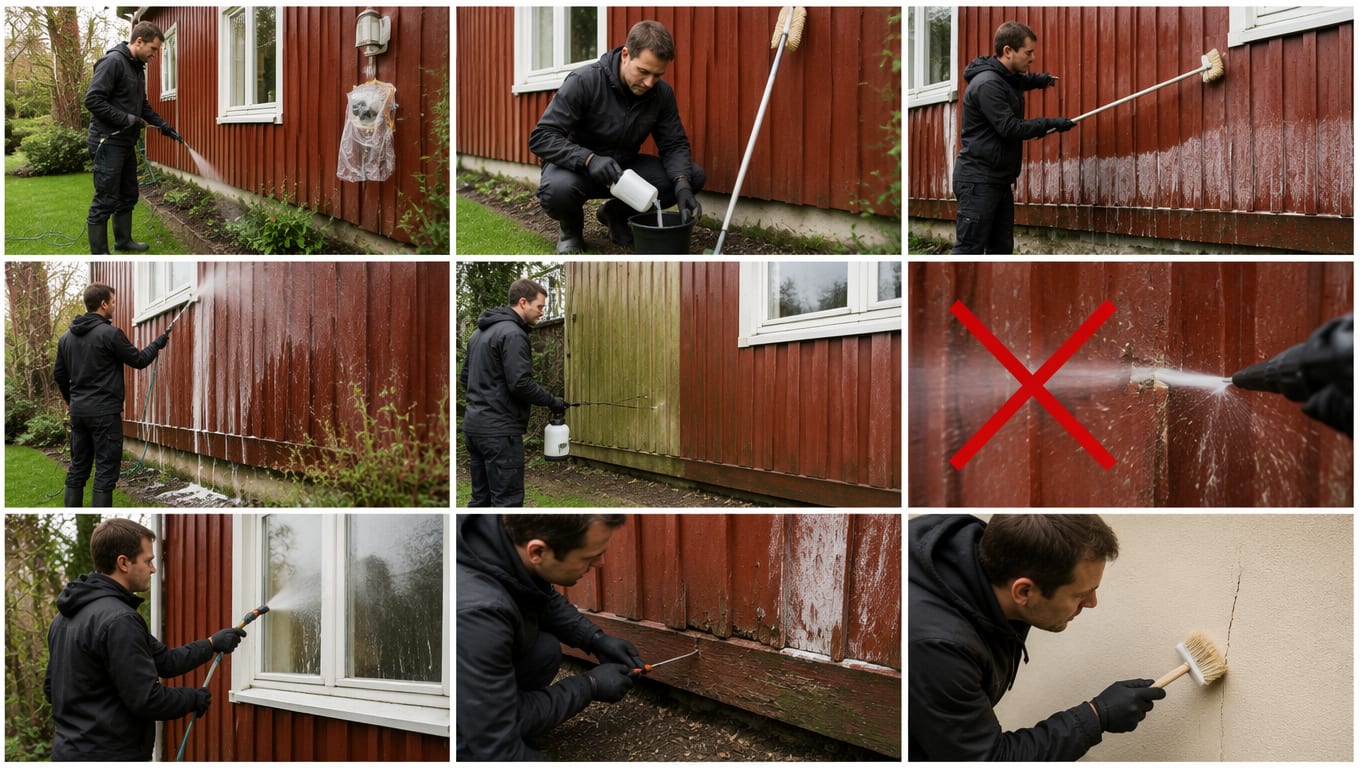 Vask av fasaden i ni bilder: planter skylles og utelampen er dekket til før vask, husvaskmiddel blandes i bøtte, veggen vaskes med myk børste på langt skaft, fasaden skylles med hageslange, algedreper sprøytes på grønsken, rødt kryss over høytrykksspyler som fliser opp trekledningen, vinduene skylles til slutt, en skrutrekker trykkes mot nederste bord for å sjekke for råte, og en pusset fasade børstes skånsomt mens rissene ses over.